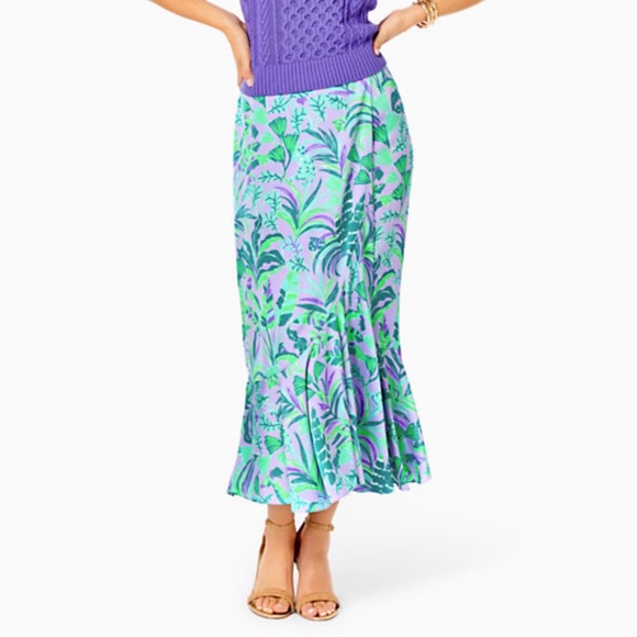 Lilly Pulitzer Britney Midi Skirt Purple Floral Faux Wrap Flowy Ruffled Hem - Picture 2 of 16